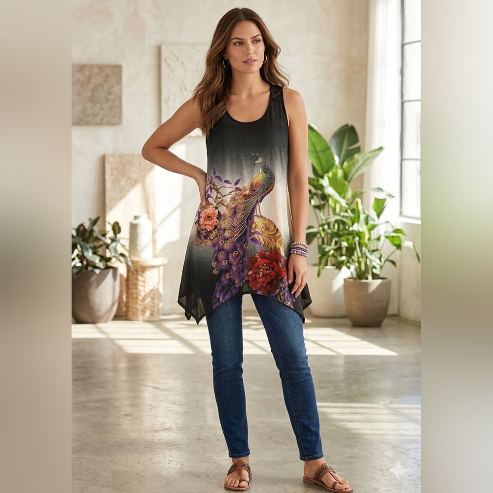 PL Ny Peacock Graphic Tunic Top with Lace Back Sleeveless M/L Top New